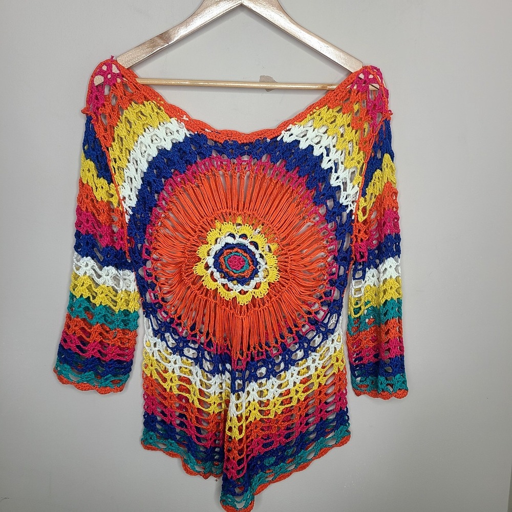 Crochet Open Knit Multicolor Mandala Boho Hippie Festival 3/4 Sleeve Top Sweater
